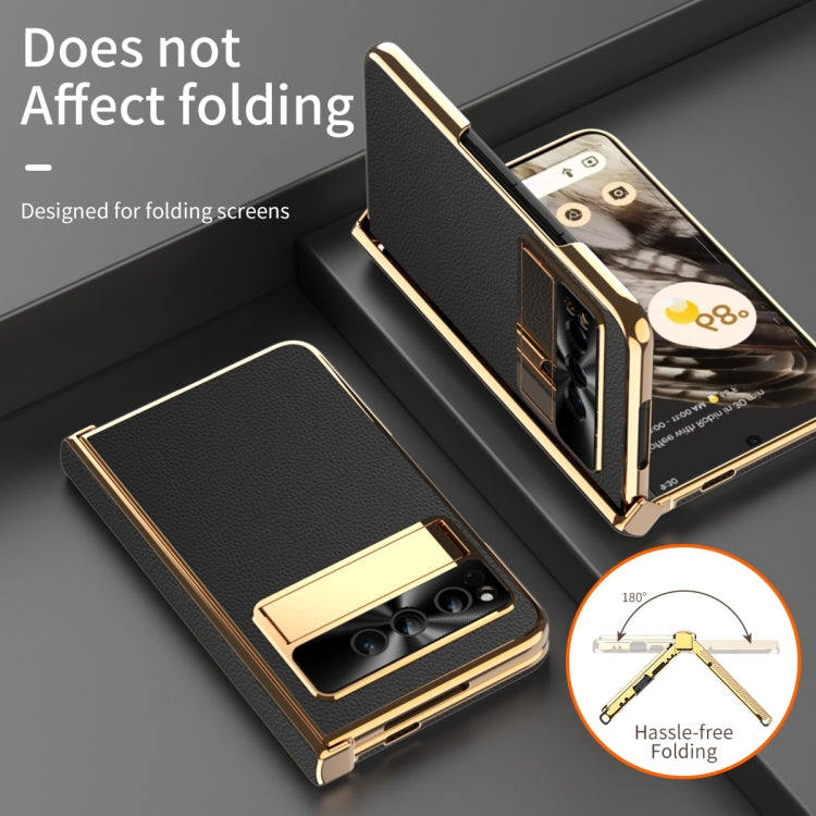 For Google Pixel Fold Litchi Pattern Electroplating Folding Phone Case with Hinge(Black) - Google Cases by PMC TechLife | Online Shopping South Africa | PMC TechLife | Buy Now Pay Later Mobicred