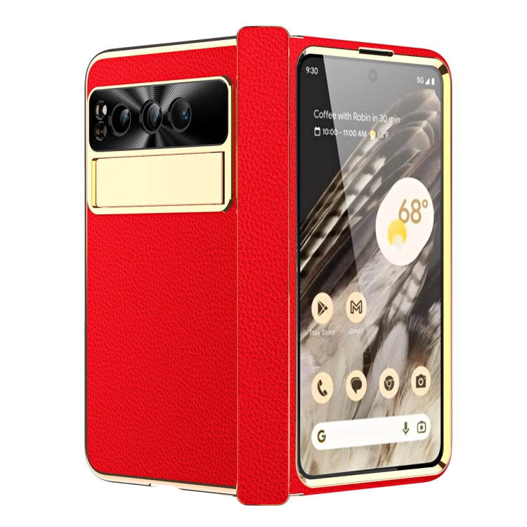For Google Pixel Fold Litchi Pattern Electroplating Folding Phone Case with Hinge(Red) - Google Cases by PMC TechLife | Online Shopping South Africa | PMC TechLife | Buy Now Pay Later Mobicred