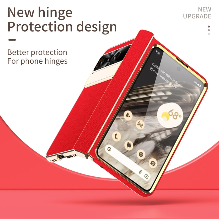 For Google Pixel Fold Litchi Pattern Electroplating Folding Phone Case with Hinge(Red) - Google Cases by PMC TechLife | Online Shopping South Africa | PMC TechLife | Buy Now Pay Later Mobicred