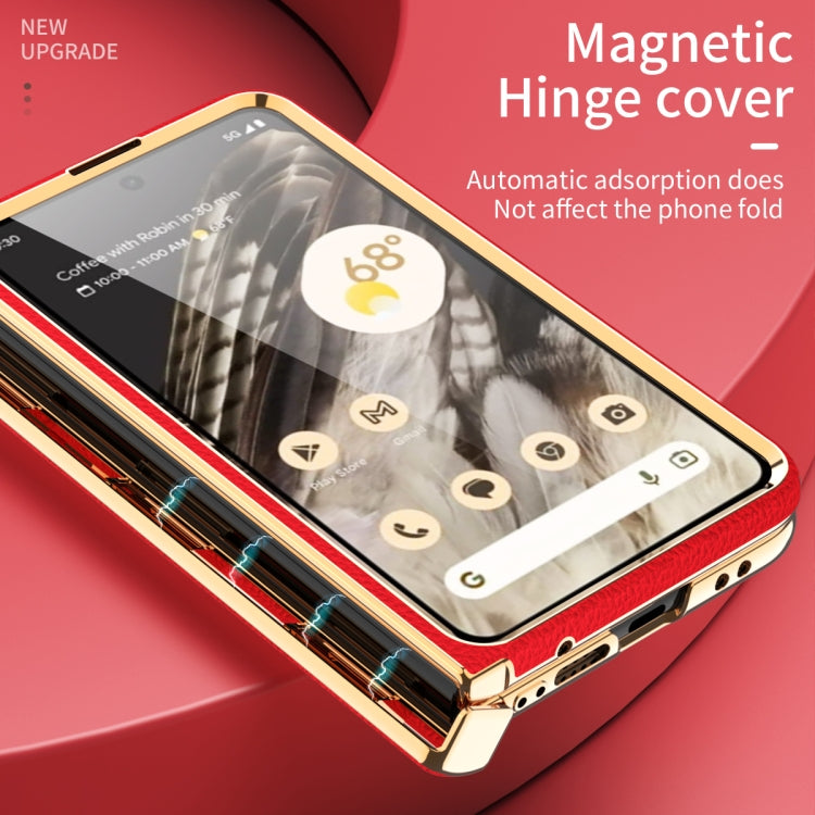 For Google Pixel Fold Litchi Pattern Electroplating Folding Phone Case with Hinge(Red) - Google Cases by PMC TechLife | Online Shopping South Africa | PMC TechLife | Buy Now Pay Later Mobicred