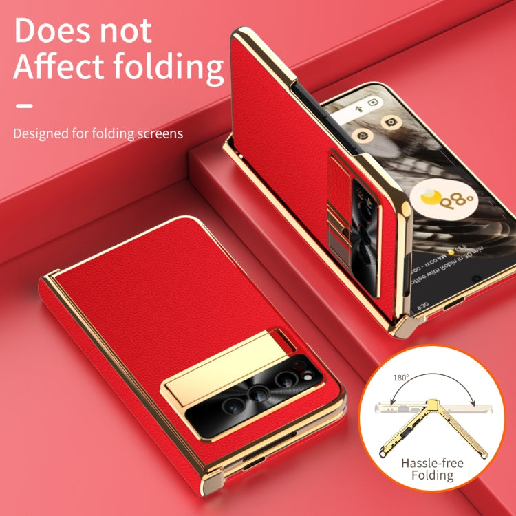 For Google Pixel Fold Litchi Pattern Electroplating Folding Phone Case with Hinge(Red) - Google Cases by PMC TechLife | Online Shopping South Africa | PMC TechLife | Buy Now Pay Later Mobicred