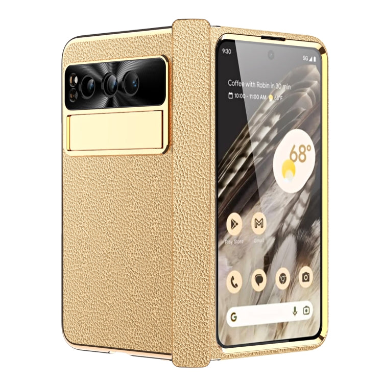 For Google Pixel Fold Litchi Pattern Electroplating Folding Phone Case with Hinge(Gold) - Google Cases by PMC TechLife | Online Shopping South Africa | PMC TechLife | Buy Now Pay Later Mobicred