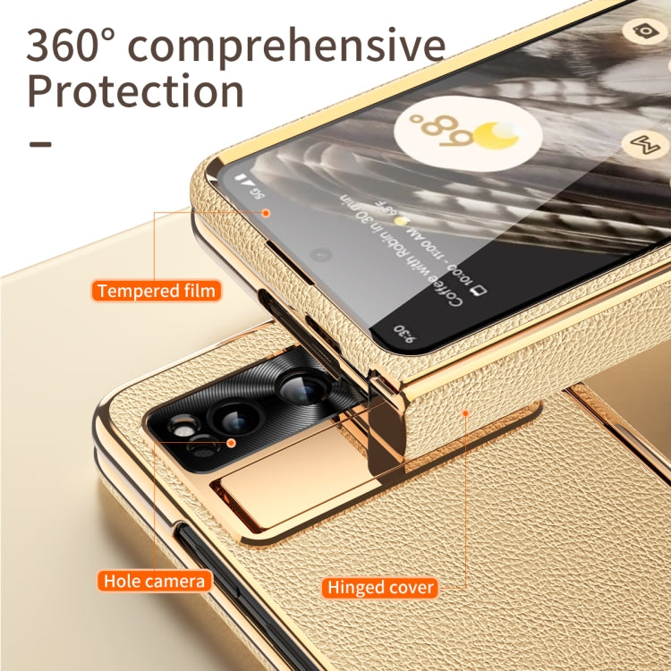For Google Pixel Fold Litchi Pattern Electroplating Folding Phone Case with Hinge(Gold) - Google Cases by PMC TechLife | Online Shopping South Africa | PMC TechLife | Buy Now Pay Later Mobicred