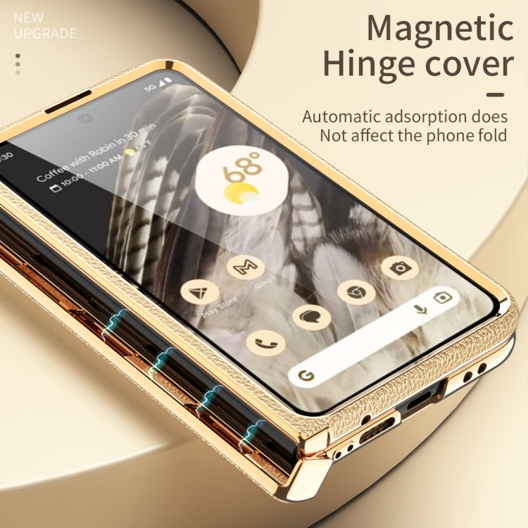 For Google Pixel Fold Litchi Pattern Electroplating Folding Phone Case with Hinge(Gold) - Google Cases by PMC TechLife | Online Shopping South Africa | PMC TechLife | Buy Now Pay Later Mobicred