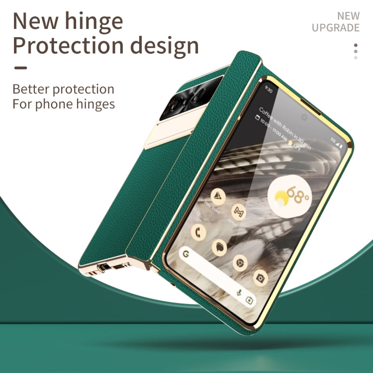 For Google Pixel Fold Litchi Pattern Electroplating Folding Phone Case with Hinge(Green) - Google Cases by PMC TechLife | Online Shopping South Africa | PMC TechLife | Buy Now Pay Later Mobicred