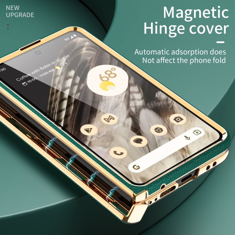 For Google Pixel Fold Litchi Pattern Electroplating Folding Phone Case with Hinge(Green) - Google Cases by PMC TechLife | Online Shopping South Africa | PMC TechLife | Buy Now Pay Later Mobicred