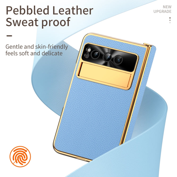 For Google Pixel Fold Litchi Pattern Electroplating Folding Phone Case with Hinge(Blue) - Google Cases by PMC TechLife | Online Shopping South Africa | PMC TechLife | Buy Now Pay Later Mobicred