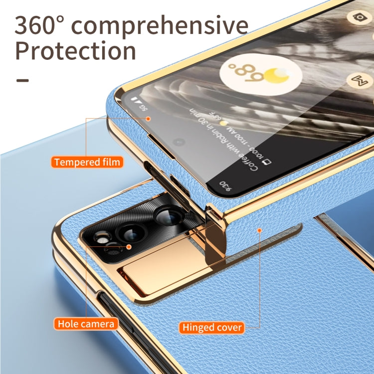 For Google Pixel Fold Litchi Pattern Electroplating Folding Phone Case with Hinge(Blue) - Google Cases by PMC TechLife | Online Shopping South Africa | PMC TechLife | Buy Now Pay Later Mobicred