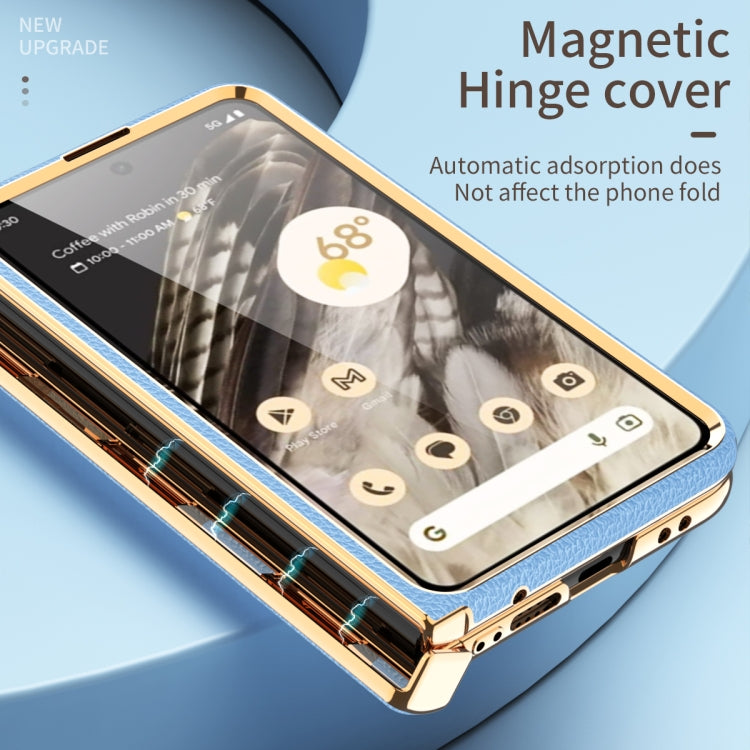 For Google Pixel Fold Litchi Pattern Electroplating Folding Phone Case with Hinge(Blue) - Google Cases by PMC TechLife | Online Shopping South Africa | PMC TechLife | Buy Now Pay Later Mobicred