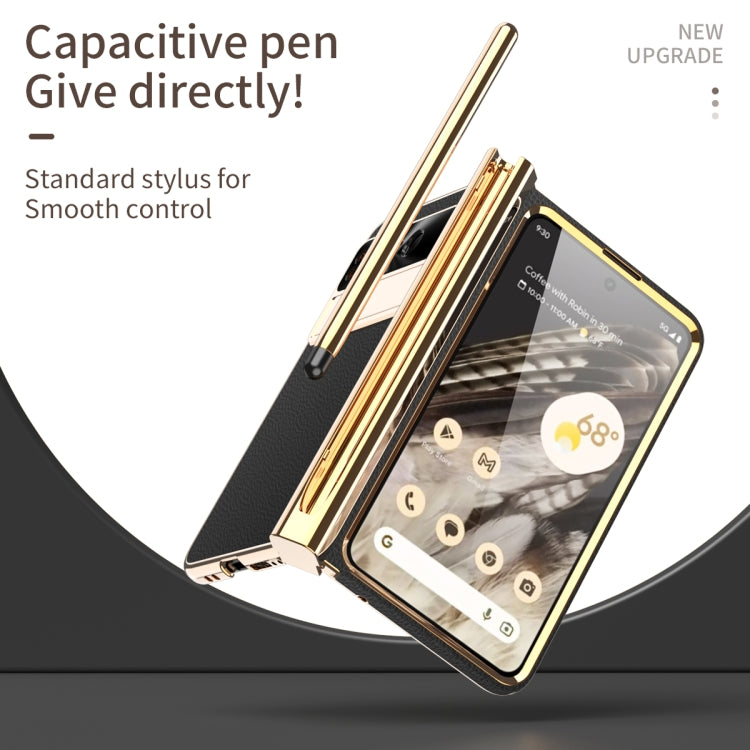 For Google Pixel Fold Litchi Pattern Electroplating Pen Slot Folding Phone Case with Stylus(Black) - Google Cases by PMC TechLife | Online Shopping South Africa | PMC TechLife | Buy Now Pay Later Mobicred