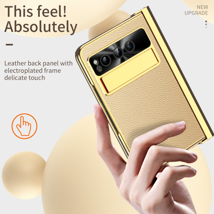 For Google Pixel Fold Litchi Pattern Electroplating Pen Slot Folding Phone Case with Stylus(Gold) - Google Cases by PMC TechLife | Online Shopping South Africa | PMC TechLife | Buy Now Pay Later Mobicred
