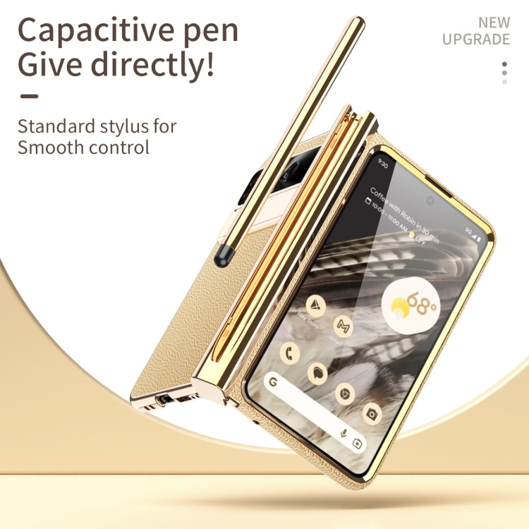 For Google Pixel Fold Litchi Pattern Electroplating Pen Slot Folding Phone Case with Stylus(Gold) - Google Cases by PMC TechLife | Online Shopping South Africa | PMC TechLife | Buy Now Pay Later Mobicred