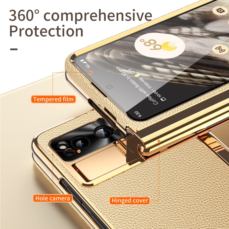 For Google Pixel Fold Litchi Pattern Electroplating Pen Slot Folding Phone Case with Stylus(Gold) - Google Cases by PMC TechLife | Online Shopping South Africa | PMC TechLife | Buy Now Pay Later Mobicred