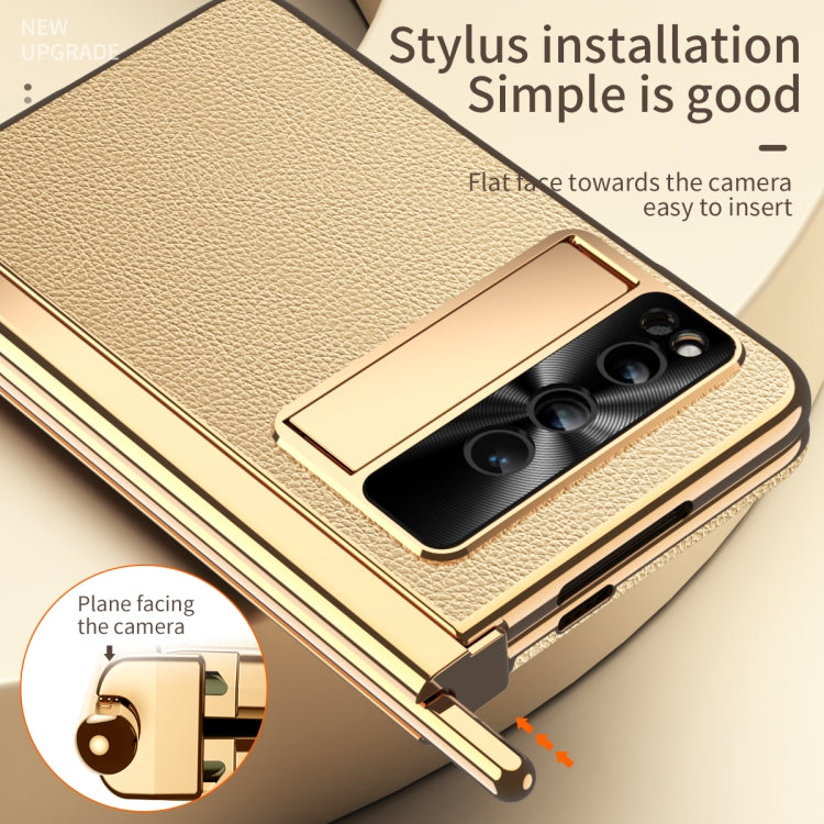 For Google Pixel Fold Litchi Pattern Electroplating Pen Slot Folding Phone Case with Stylus(Gold) - Google Cases by PMC TechLife | Online Shopping South Africa | PMC TechLife | Buy Now Pay Later Mobicred
