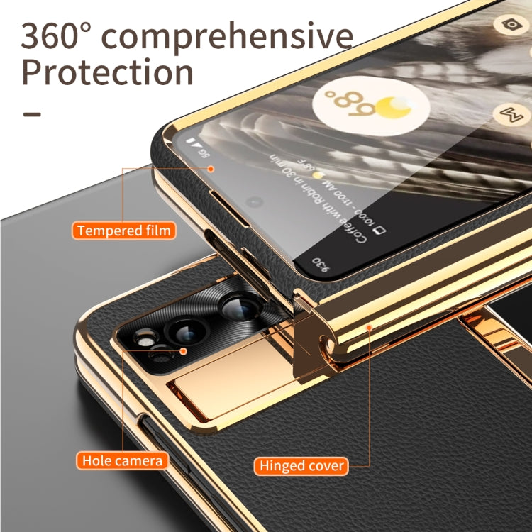 For Google Pixel Fold Litchi Pattern Electroplating Pen Slot Double Hinge Folding Phone Case with Stylus(Black) - Google Cases by PMC TechLife | Online Shopping South Africa | PMC TechLife | Buy Now Pay Later Mobicred
