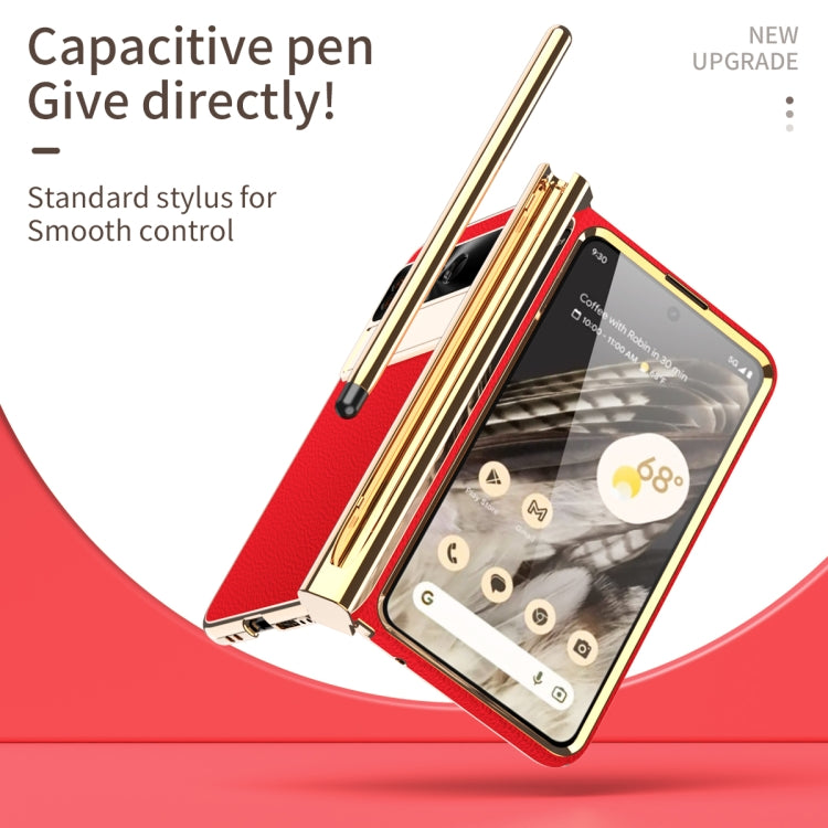 For Google Pixel Fold Litchi Pattern Electroplating Pen Slot Double Hinge Folding Phone Case with Stylus(Red) - Google Cases by PMC TechLife | Online Shopping South Africa | PMC TechLife | Buy Now Pay Later Mobicred