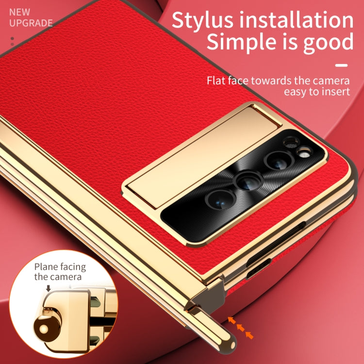 For Google Pixel Fold Litchi Pattern Electroplating Pen Slot Double Hinge Folding Phone Case with Stylus(Red) - Google Cases by PMC TechLife | Online Shopping South Africa | PMC TechLife | Buy Now Pay Later Mobicred