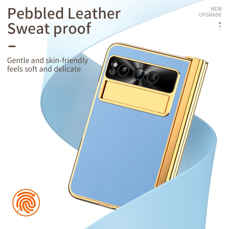 For Google Pixel Fold Litchi Pattern Electroplating Pen Slot Double Hinge Folding Phone Case with Stylus(Blue) - free shipping - PMC TechLife - Order now!