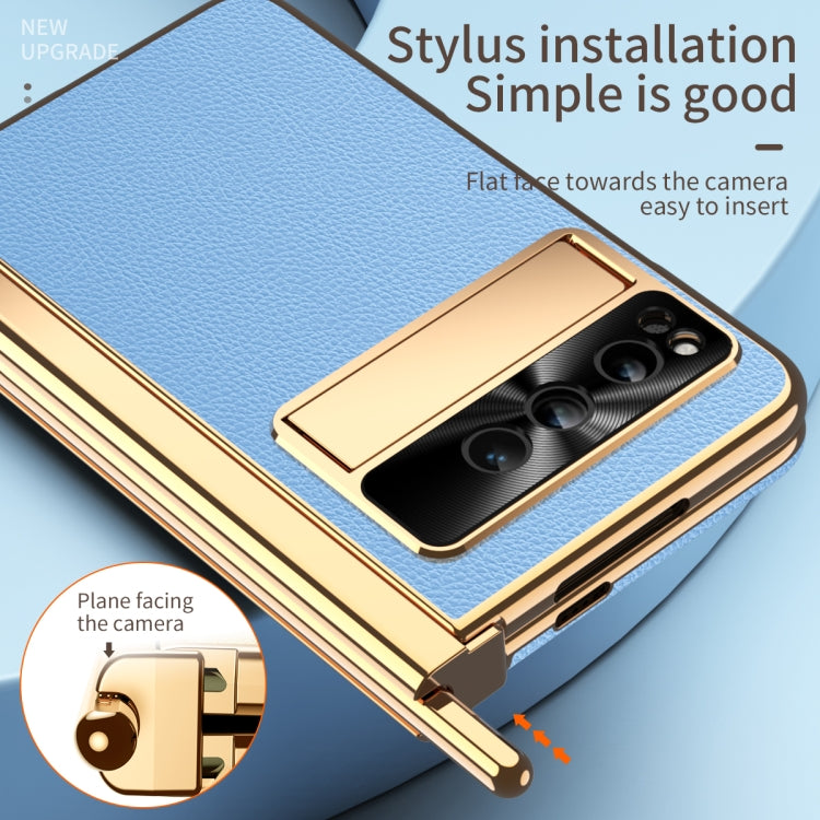 For Google Pixel Fold Litchi Pattern Electroplating Pen Slot Double Hinge Folding Phone Case with Stylus(Blue) - free shipping - PMC TechLife - Order now!