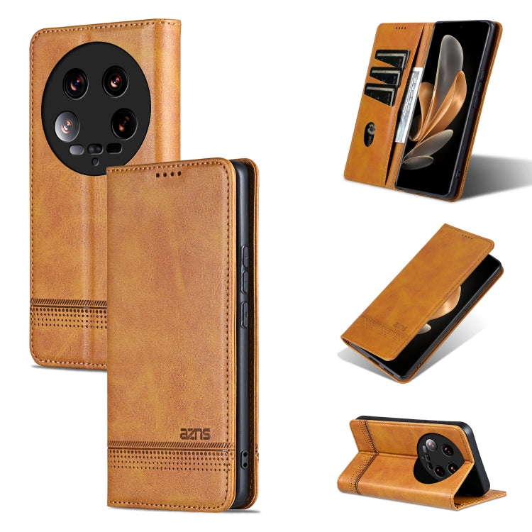 For Xiaomi 14 Ultra AZNS Magnetic Calf Texture Flip Leather Phone Case(Light Brown) - free shipping - PMC Jewellery - Order now!