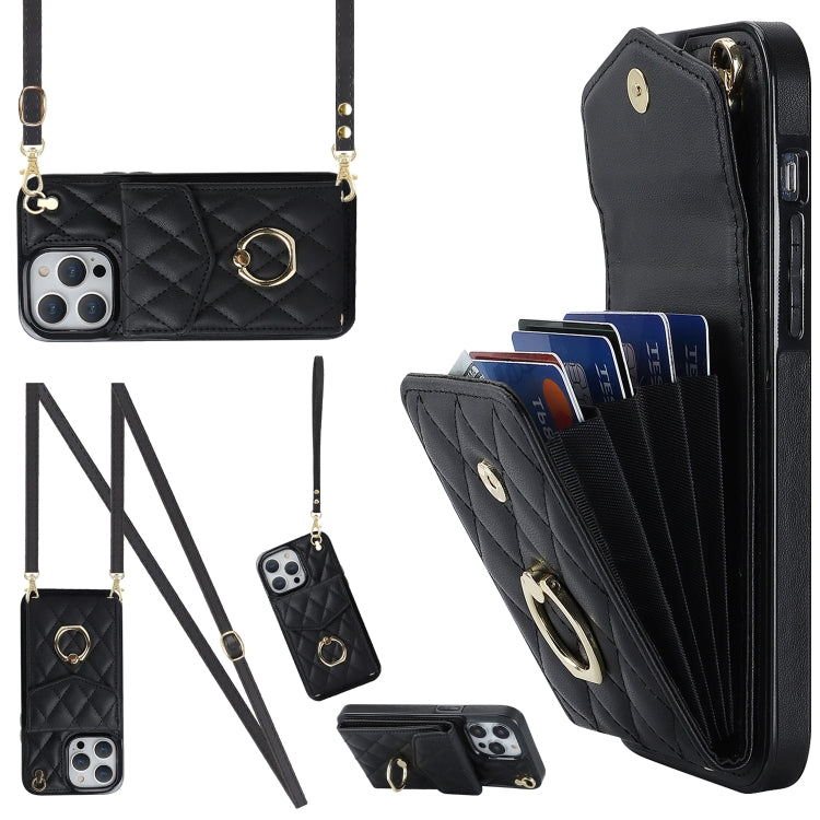 For iPhone 14 Pro Rhombic Texture Card Bag Phone Case with Long Lanyard(Black) - iPhone 14 Pro Cases by PMC TechLife | Online Shopping South Africa | PMC TechLife