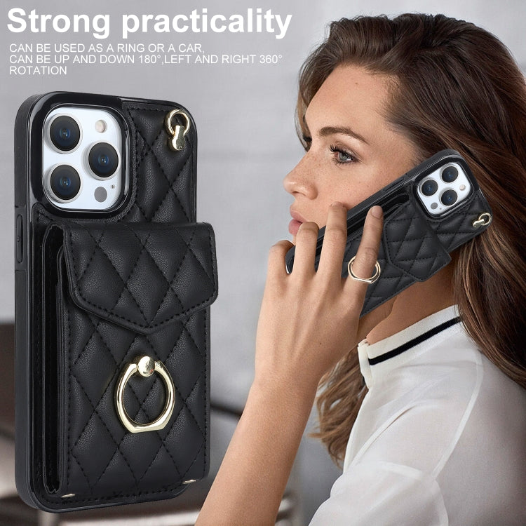 For iPhone 14 Pro Rhombic Texture Card Bag Phone Case with Long Lanyard(Black) - iPhone 14 Pro Cases by PMC TechLife | Online Shopping South Africa | PMC TechLife
