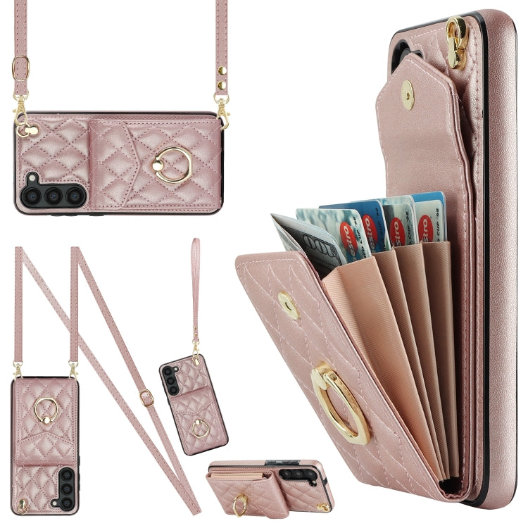 For Samsung Galaxy S24+ 5G Rhombic Texture Card Bag Phone Case with Long Lanyard(Rose Gold) - Galaxy S24+ 5G Cases by PMC TechLife | Online Shopping South Africa | PMC TechLife | Buy Now Pay Later Mobicred