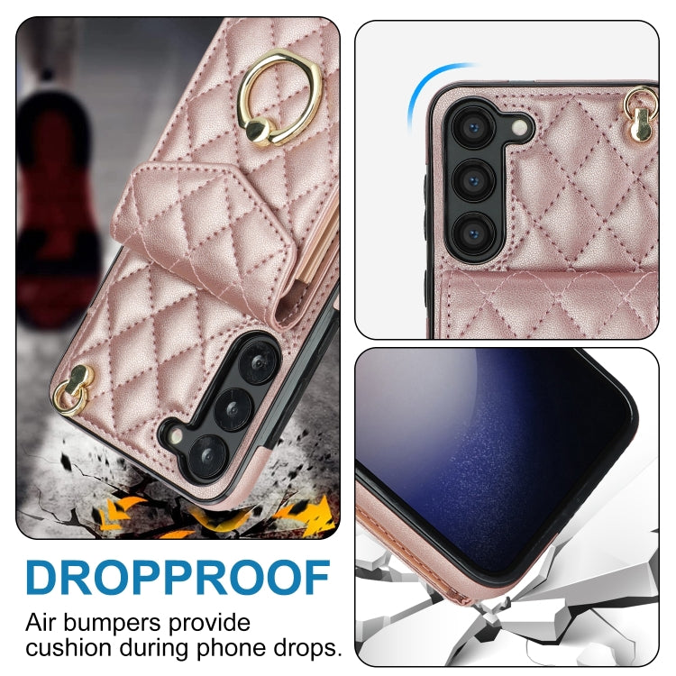 For Samsung Galaxy S24+ 5G Rhombic Texture Card Bag Phone Case with Long Lanyard(Rose Gold) - Galaxy S24+ 5G Cases by PMC TechLife | Online Shopping South Africa | PMC TechLife | Buy Now Pay Later Mobicred