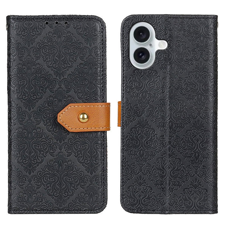 For iPhone 16 European Floral Embossed Leather Phone Case(Black) - iPhone 16 Cases by PMC TechLife | Online Shopping South Africa | PMC TechLife | Buy Now Pay Later Mobicred
