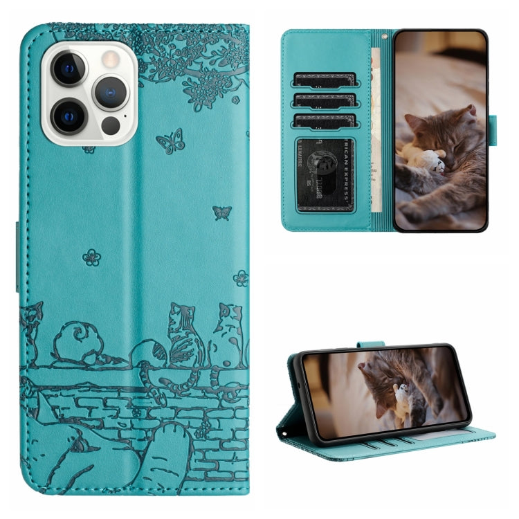 For iPhone 16 Pro Cat Embossing Pattern Leather Phone Case with Lanyard(Blue) - iPhone 16 Pro Cases by PMC TechLife | Online Shopping South Africa | PMC TechLife | Buy Now Pay Later Mobicred