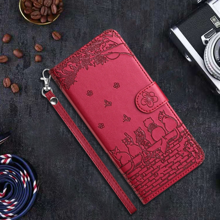 For iPhone 16 Plus Cat Embossing Pattern Leather Phone Case with Lanyard(Red) - iPhone 16 Plus Cases by PMC TechLife | Online Shopping South Africa | PMC TechLife | Buy Now Pay Later Mobicred