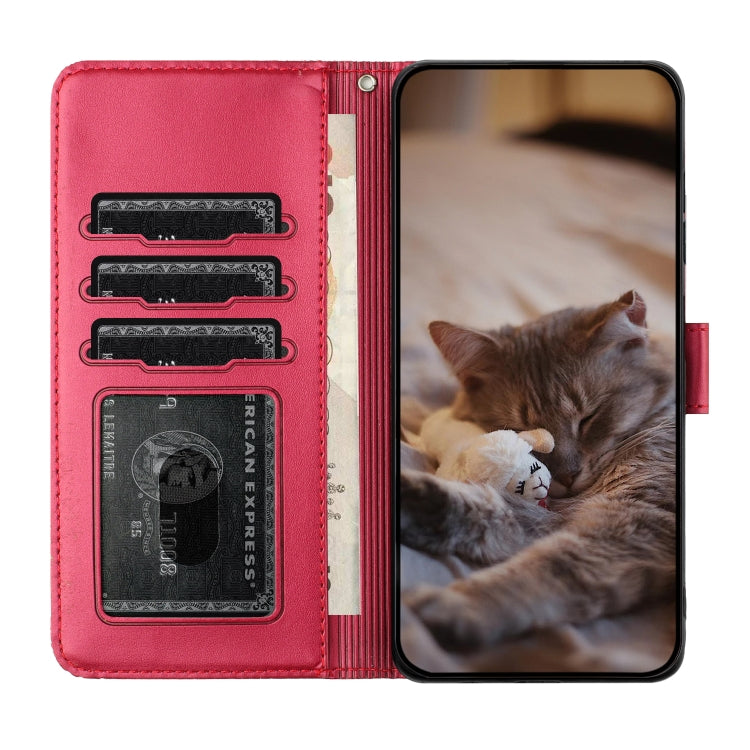 For iPhone 16 Plus Cat Embossing Pattern Leather Phone Case with Lanyard(Red) - iPhone 16 Plus Cases by PMC TechLife | Online Shopping South Africa | PMC TechLife | Buy Now Pay Later Mobicred