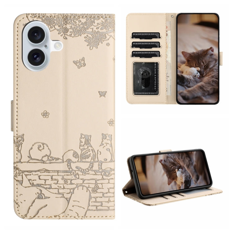 For iPhone 16 Plus Cat Embossing Pattern Leather Phone Case with Lanyard(Beige) - iPhone 16 Plus Cases by PMC TechLife | Online Shopping South Africa | PMC TechLife | Buy Now Pay Later Mobicred