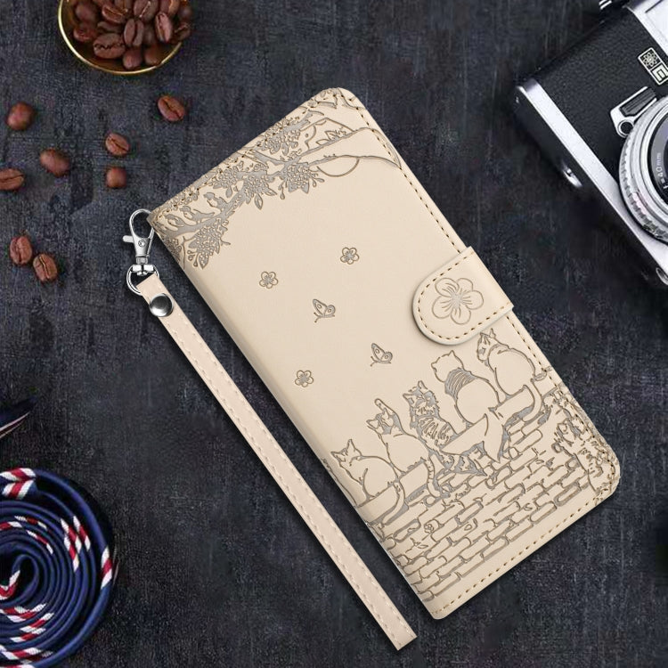 For iPhone 16 Plus Cat Embossing Pattern Leather Phone Case with Lanyard(Beige) - iPhone 16 Plus Cases by PMC TechLife | Online Shopping South Africa | PMC TechLife | Buy Now Pay Later Mobicred