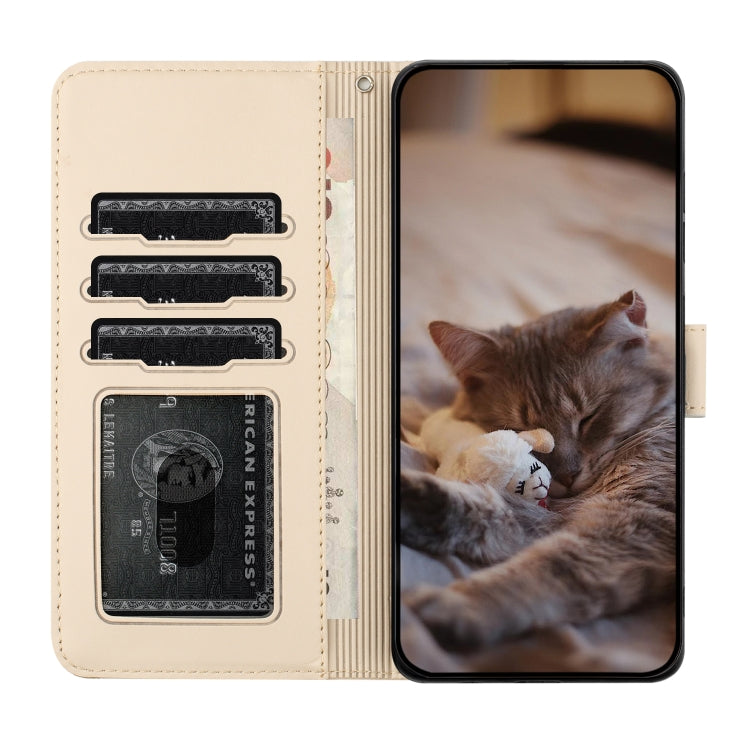 For iPhone 16 Plus Cat Embossing Pattern Leather Phone Case with Lanyard(Beige) - iPhone 16 Plus Cases by PMC TechLife | Online Shopping South Africa | PMC TechLife | Buy Now Pay Later Mobicred