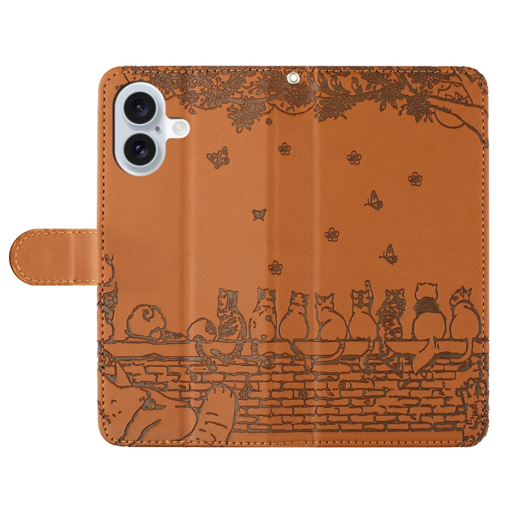 For iPhone 16 Cat Embossing Pattern Leather Phone Case with Lanyard(Brown) - iPhone 16 Cases by PMC TechLife | Online Shopping South Africa | PMC TechLife | Buy Now Pay Later Mobicred