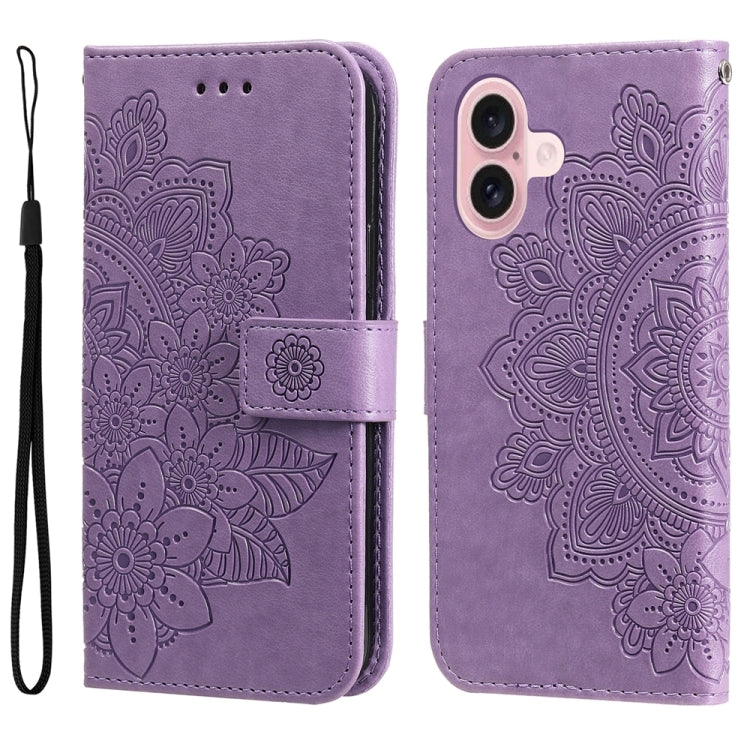 For iPhone 16 7-petal Flowers Embossing Leather Phone Case(Light Purple) - iPhone 16 Cases by PMC TechLife | Online Shopping South Africa | PMC TechLife | Buy Now Pay Later Mobicred