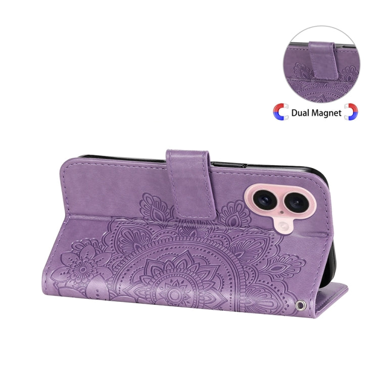 For iPhone 16 7-petal Flowers Embossing Leather Phone Case(Light Purple) - iPhone 16 Cases by PMC TechLife | Online Shopping South Africa | PMC TechLife | Buy Now Pay Later Mobicred