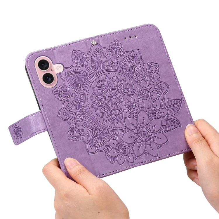 For iPhone 16 7-petal Flowers Embossing Leather Phone Case(Light Purple) - iPhone 16 Cases by PMC TechLife | Online Shopping South Africa | PMC TechLife | Buy Now Pay Later Mobicred