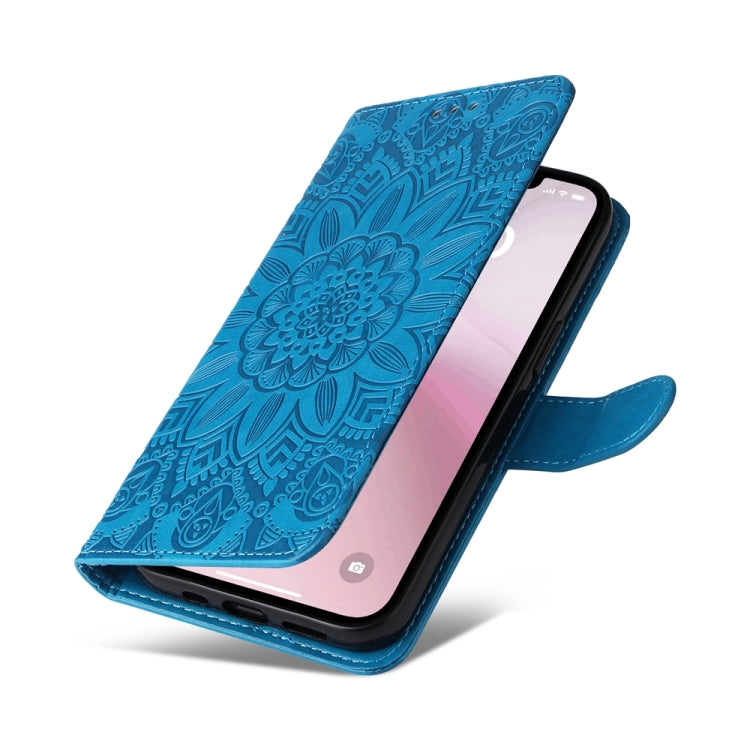 For iPhone 16e Embossed Sunflower Leather Phone Case(Blue) - iPhone 16e Cases by PMC TechLife | Online Shopping South Africa | PMC TechLife | Buy Now Pay Later Mobicred