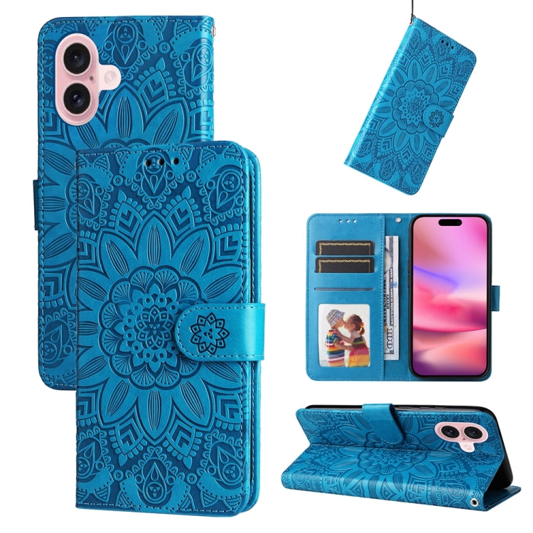 For iPhone 16 Embossed Sunflower Leather Phone Case(Blue) - free shipping - PMC TechLife - Order now!