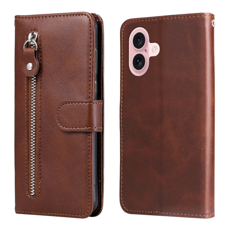 For iPhone 16 Fashion Calf Texture Zipper Leather Phone Case(Brown) - iPhone 16 Cases by PMC TechLife | Online Shopping South Africa | PMC TechLife | Buy Now Pay Later Mobicred