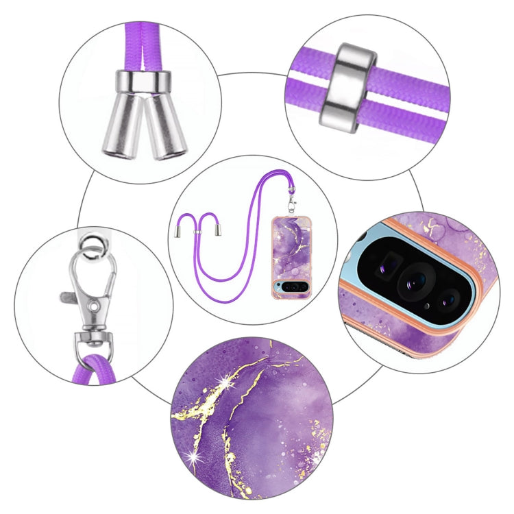 For Google Pixel 9 / 9 Pro Electroplating Marble Dual-side IMD Phone Case with Lanyard(Purple 002) - Google Cases by PMC TechLife | Online Shopping South Africa | PMC TechLife | Buy Now Pay Later Mobicred