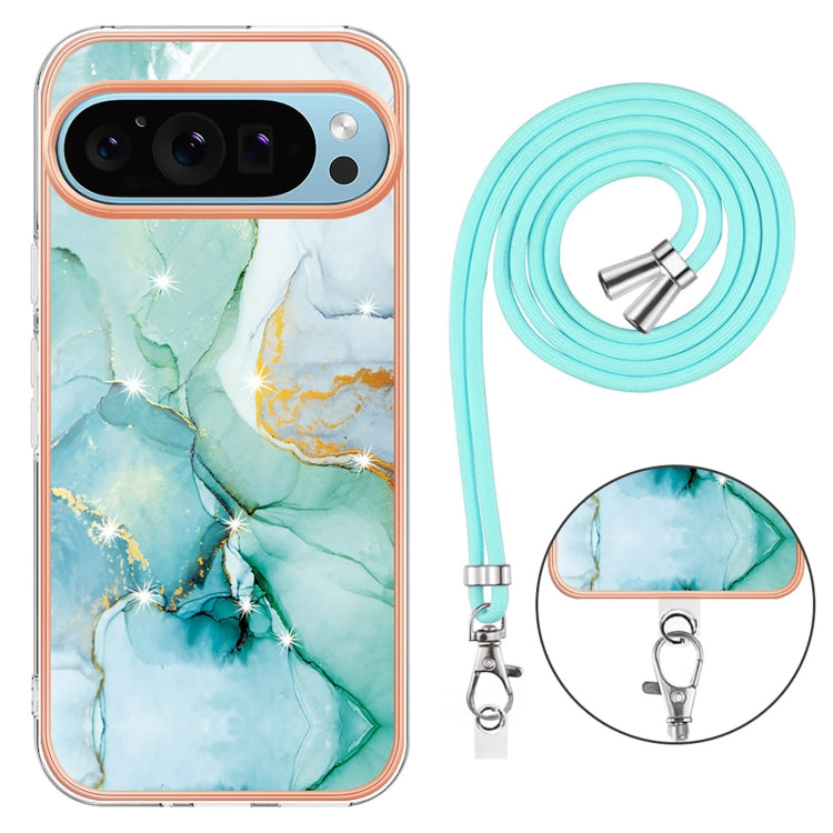 For Google Pixel 9 / 9 Pro Electroplating Marble Dual-side IMD Phone Case with Lanyard(Green 003) - Google Cases by PMC TechLife | Online Shopping South Africa | PMC TechLife | Buy Now Pay Later Mobicred