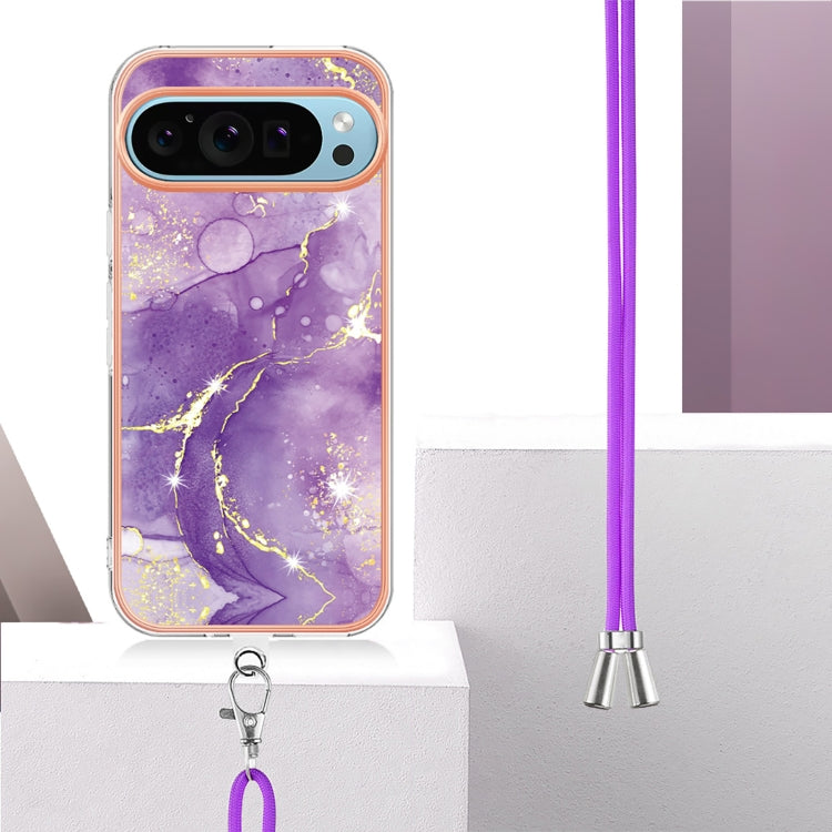 For Google Pixel 9 Pro XL Electroplating Marble Dual-side IMD Phone Case with Lanyard(Purple 002) - Google Cases by PMC TechLife | Online Shopping South Africa | PMC TechLife | Buy Now Pay Later Mobicred