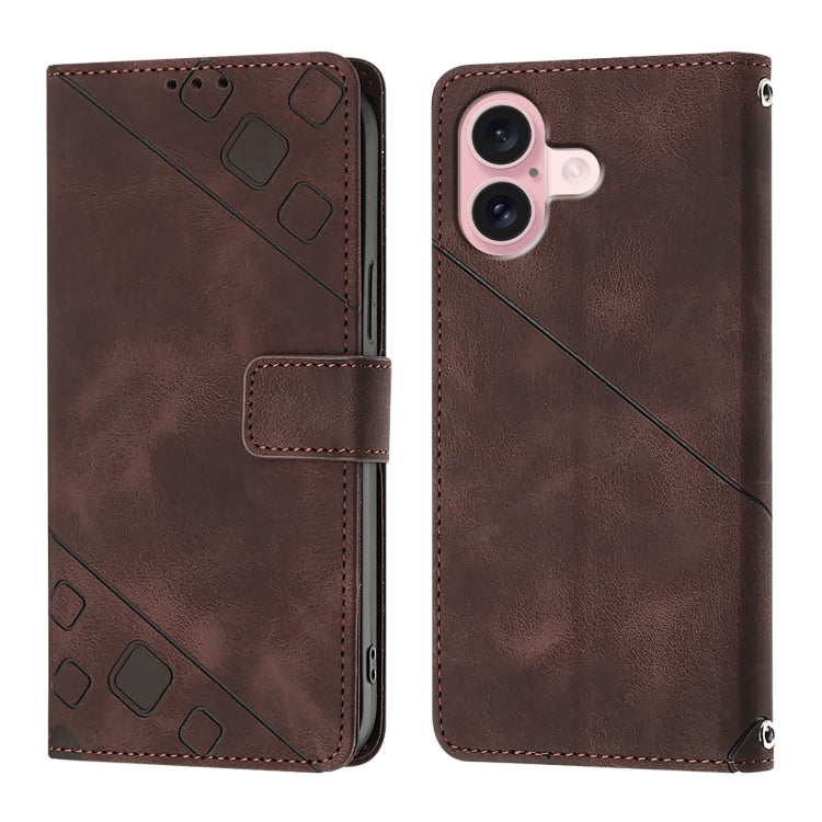 For iPhone 16 Skin-feel Embossed Leather Phone Case(Brown) - iPhone 16 Cases by PMC TechLife | Online Shopping South Africa | PMC TechLife | Buy Now Pay Later Mobicred
