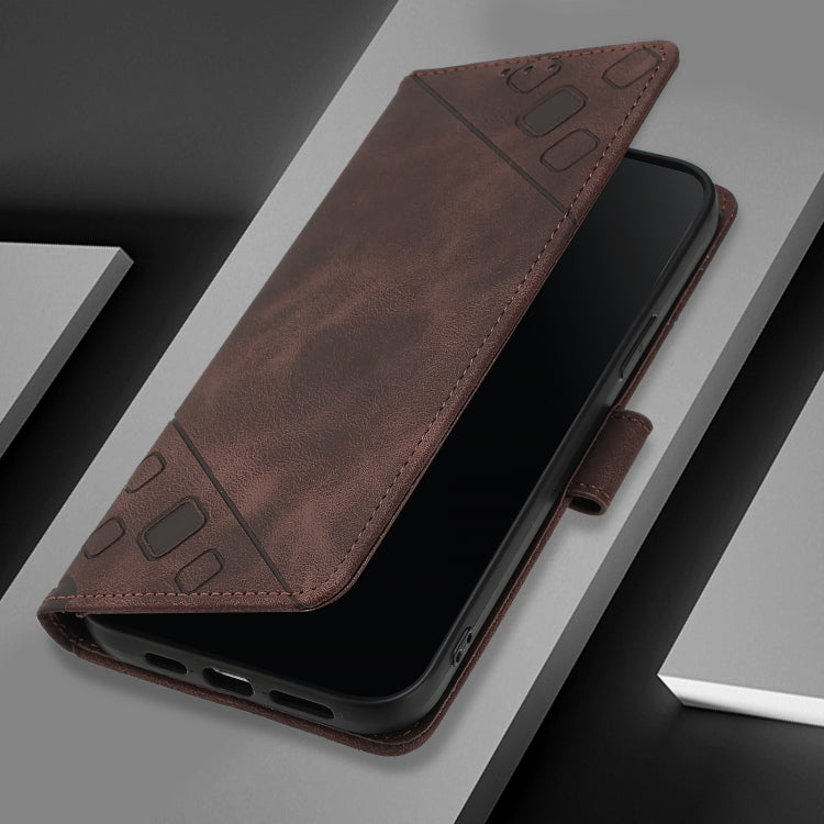 For iPhone 16 Skin-feel Embossed Leather Phone Case(Brown) - iPhone 16 Cases by PMC TechLife | Online Shopping South Africa | PMC TechLife | Buy Now Pay Later Mobicred