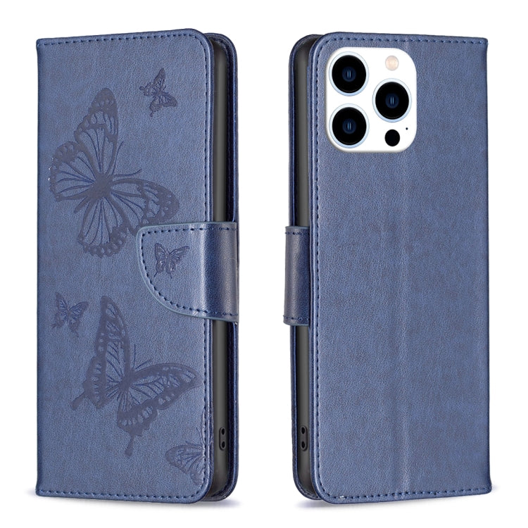 For iPhone 16 Pro Embossing Two Butterflies Pattern Leather Phone Case(Blue) - iPhone 16 Pro Cases by PMC TechLife | Online Shopping South Africa | PMC TechLife | Buy Now Pay Later Mobicred