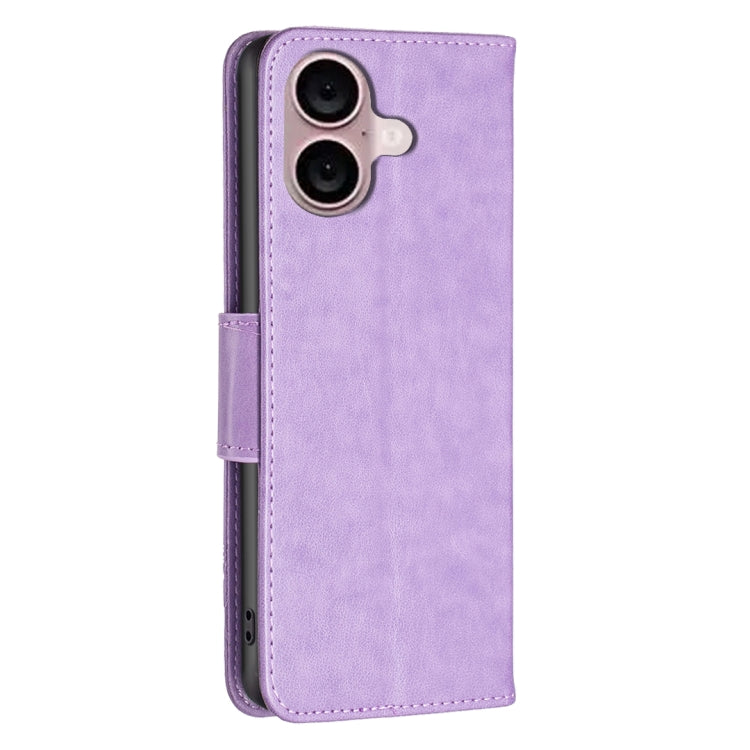 For iPhone 16 Embossing Two Butterflies Pattern Leather Phone Case(Purple) - iPhone 16 Cases by PMC TechLife | Online Shopping South Africa | PMC TechLife | Buy Now Pay Later Mobicred