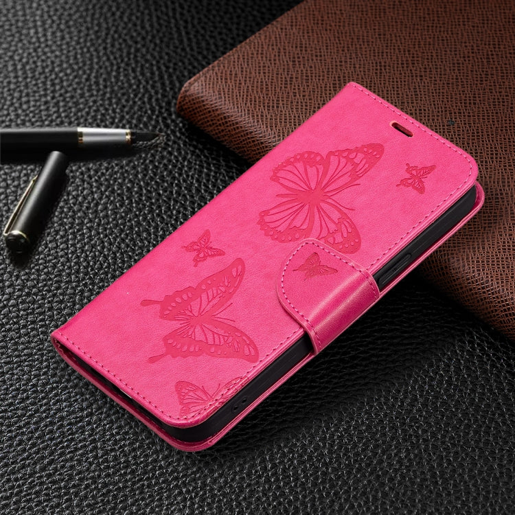 For iPhone 16 Embossing Two Butterflies Pattern Leather Phone Case(Rose Red) - iPhone 16 Cases by PMC TechLife | Online Shopping South Africa | PMC TechLife | Buy Now Pay Later Mobicred
